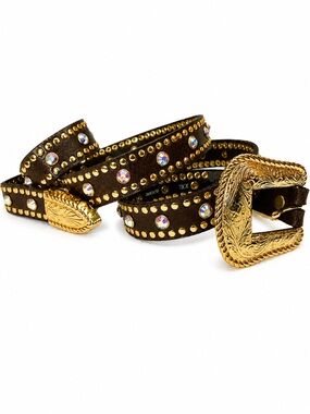 Nocona Western Belt XXL Genuine Leather Gold Studs Rhinestones Ornate Buckle